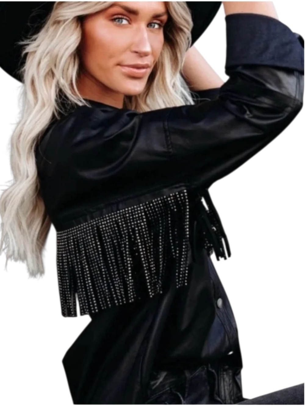 VICI Black Faux Leather Rhinestone Fringe Button Down Shirt Size Small - Picture 2 of 11